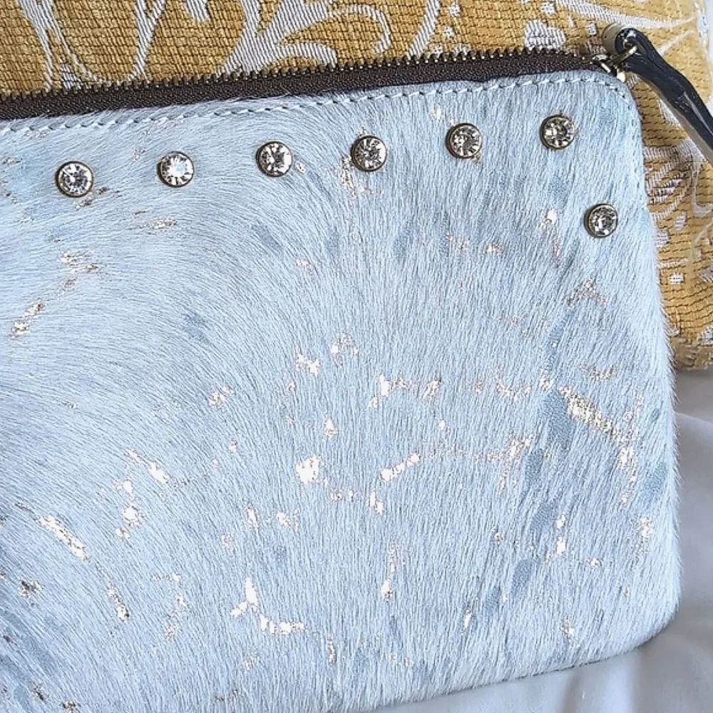Patricia Nash Cassini White/Aqua Metallic Cow Hair Medium Clutch With Crystals - Picture 6 of 16